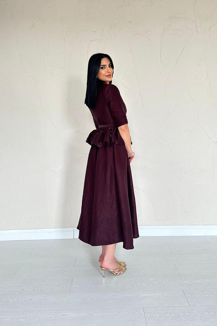 ELS Wholesale Burgundy Thin Belted Ruffled Jacket and Ruched Skirt Set - Henrietta