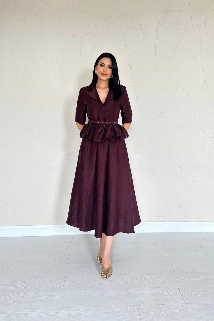 ELS Wholesale Burgundy Thin Belted Ruffled Jacket and Ruched Skirt Set - Henrietta