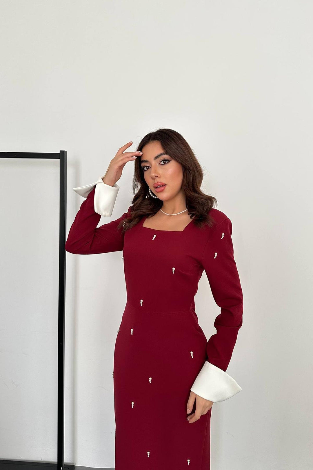 ELS Toptan Bordo İşlemeli Atlas Elbise - Hickory