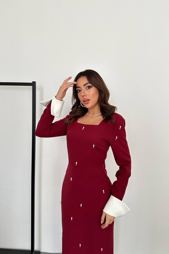 ELS Toptan Bordo İşlemeli Atlas Elbise - Hickory