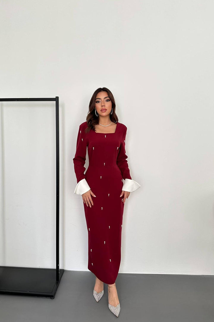 ELS Toptan Bordo İşlemeli Atlas Elbise - Hickory