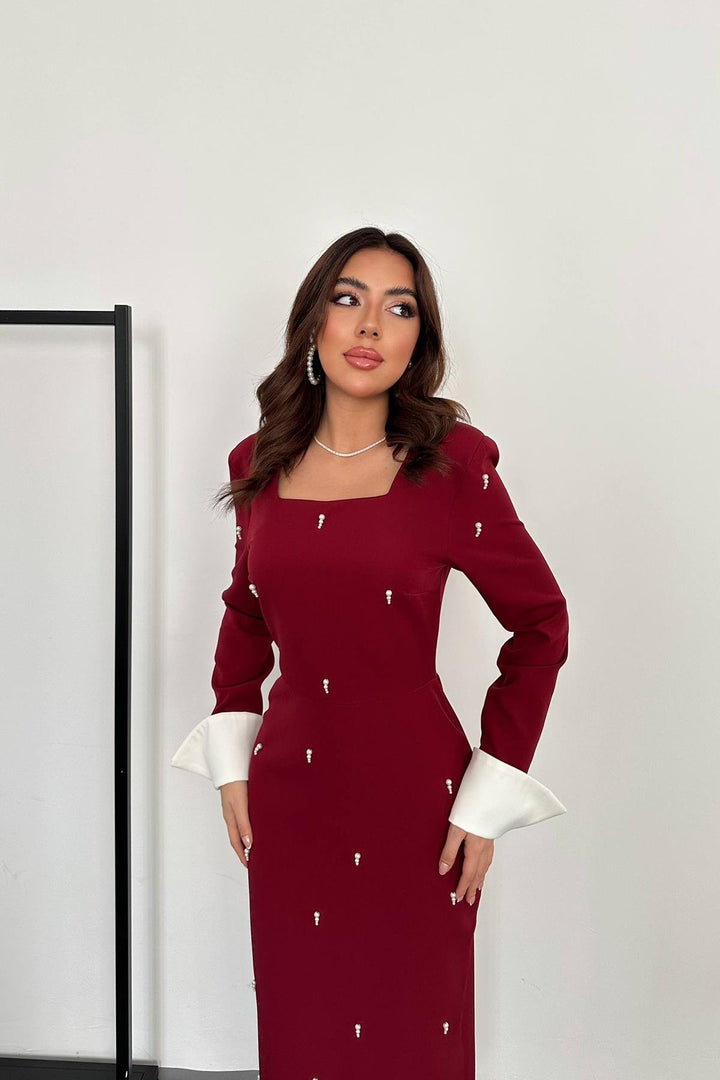 ELS Toptan Bordo İşlemeli Atlas Elbise - Hickory