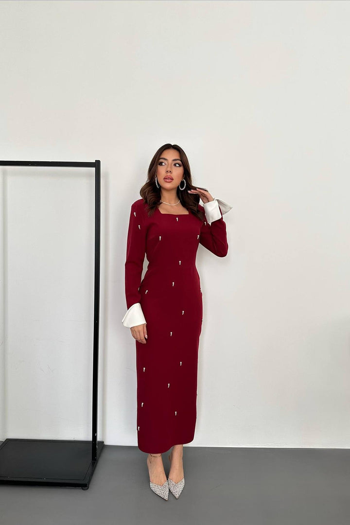 ELS Toptan Bordo İşlemeli Atlas Elbise - Hickory