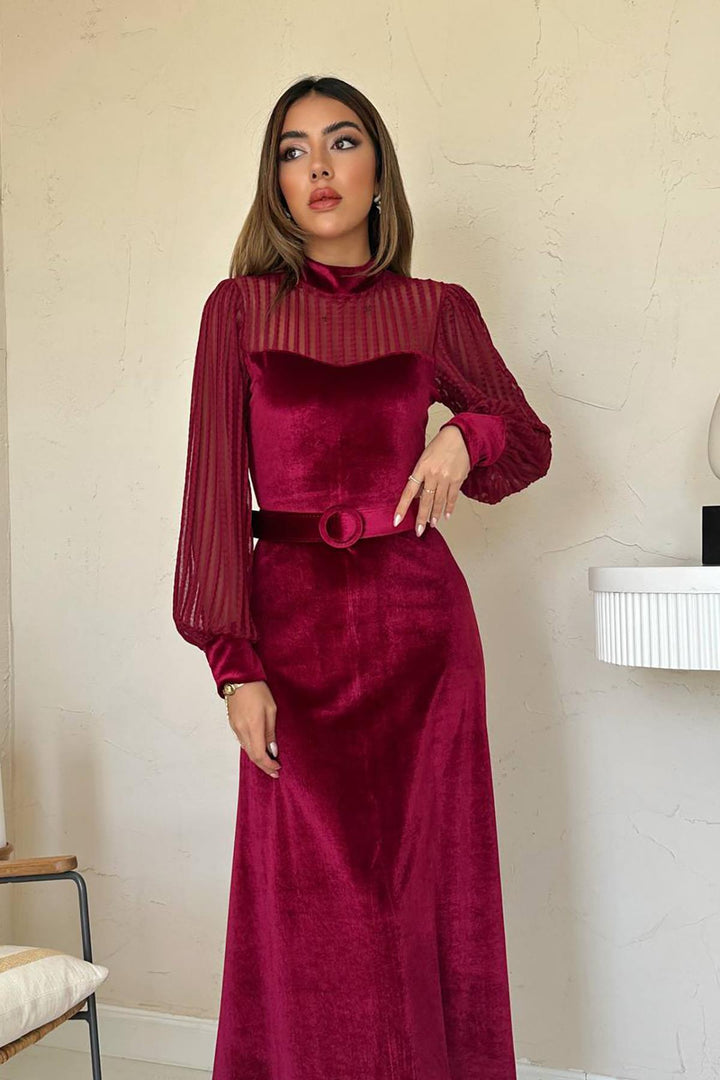ELS Toptan Bordo Kadife Dantel Detaylı Elbise - Terre Haute