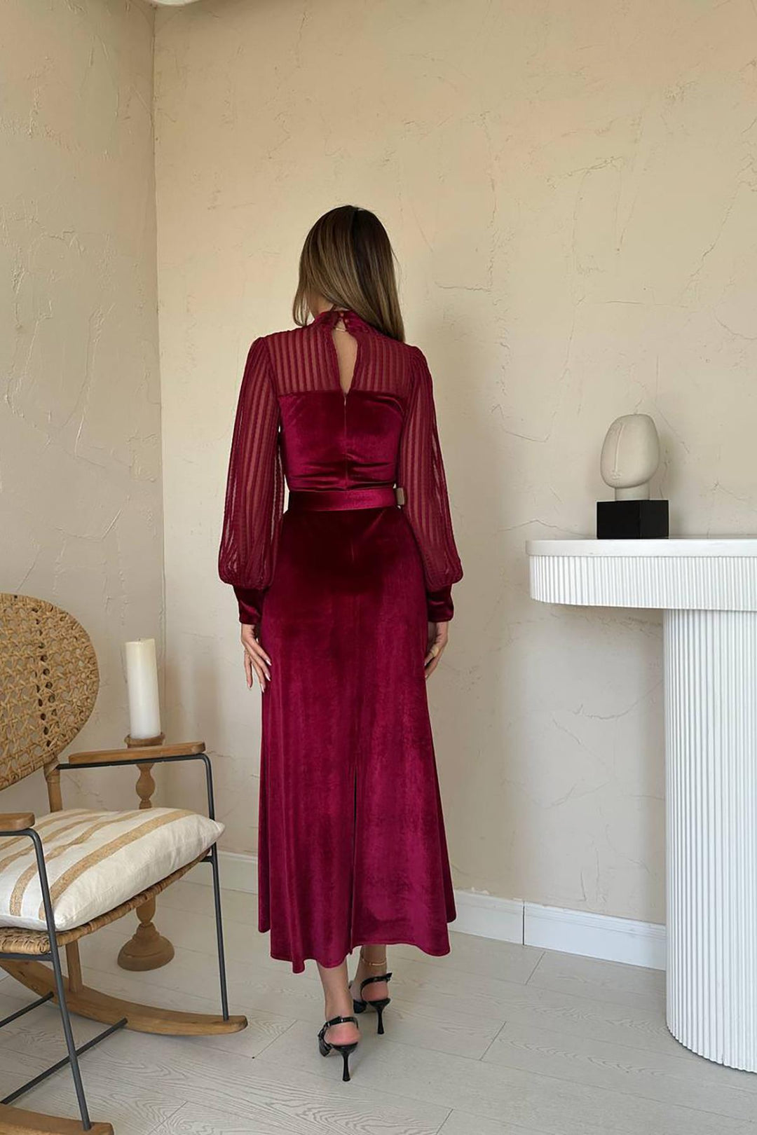 ELS Toptan Bordo Kadife Dantel Detaylı Elbise - Terre Haute