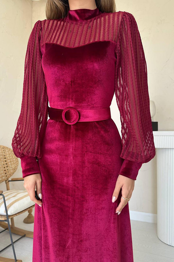 ELS Toptan Bordo Kadife Dantel Detaylı Elbise - Terre Haute