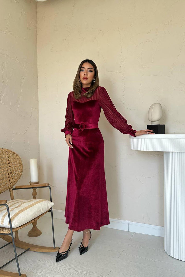 ELS Toptan Bordo Kadife Dantel Detaylı Elbise - Terre Haute