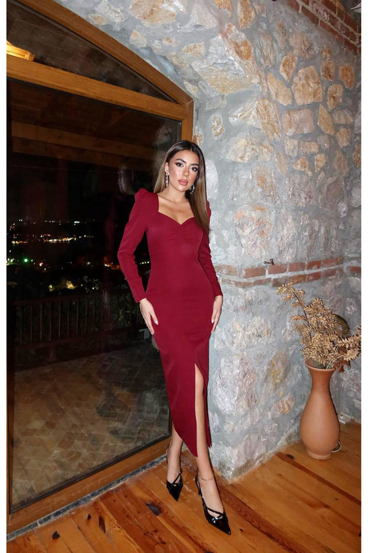 ELS Toptan Bordo Karpuz Kollu Atlas Elbise - Montreuil