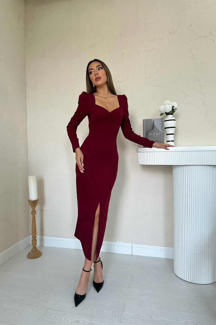 ELS Wholesale Burgundy Watermelon Sleeve Satin Dress - Vittoria