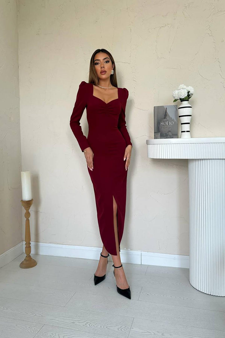 ELS Wholesale Burgundy Watermelon Sleeve Satin Dress - Vittoria