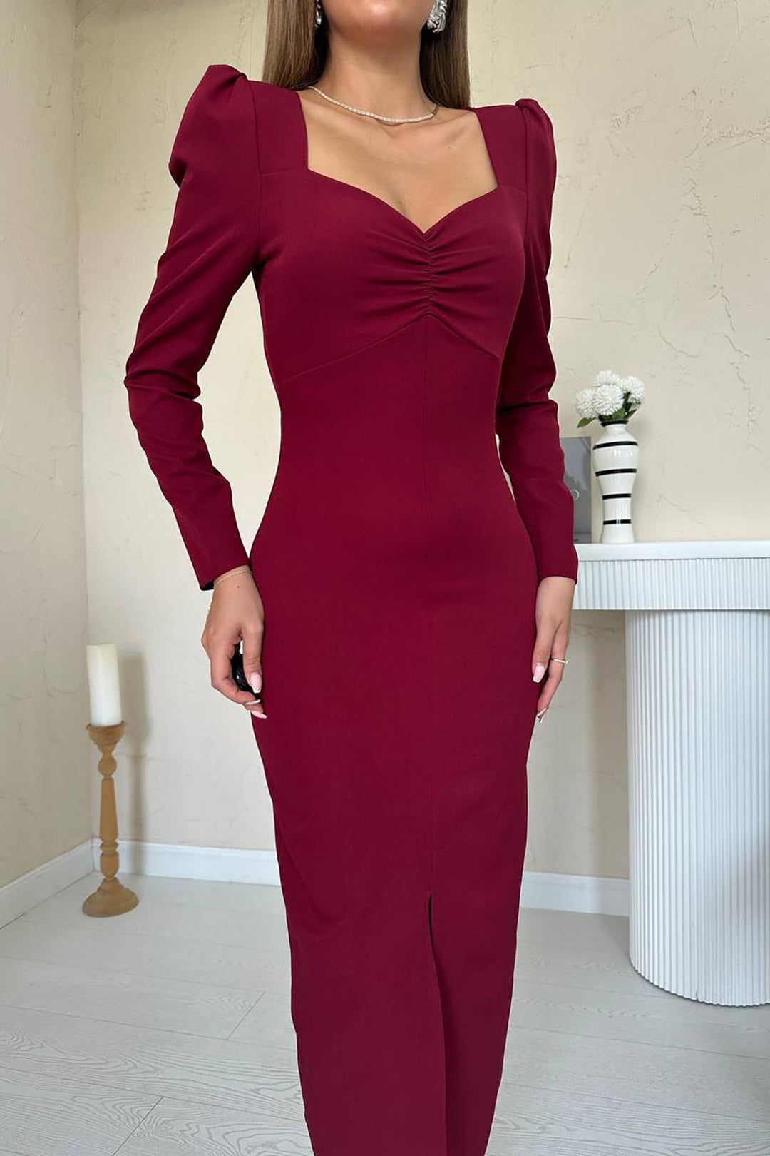 ELS Wholesale Burgundy Watermelon Sleeve Satin Dress - Vittoria