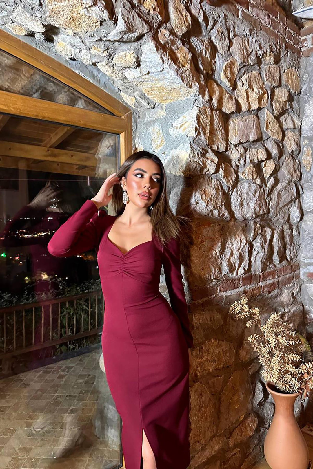 ELS Toptan Bordo Karpuz Kollu Atlas Elbise - Montreuil