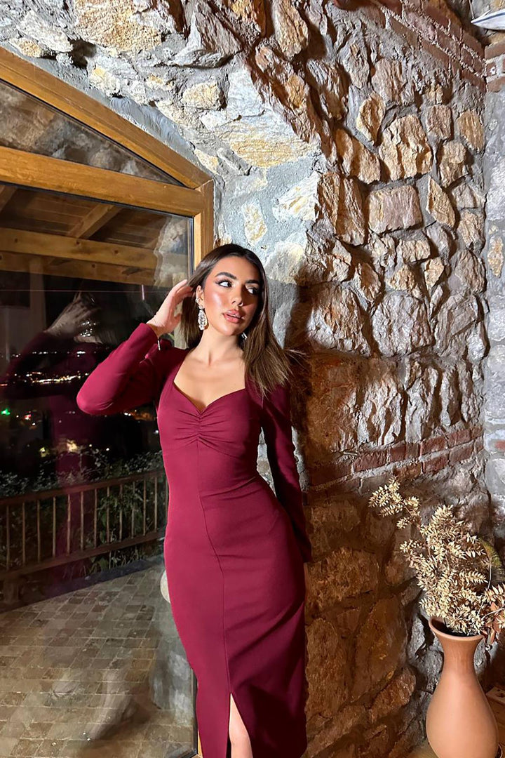 ELS Toptan Bordo Karpuz Kollu Atlas Elbise - Montreuil