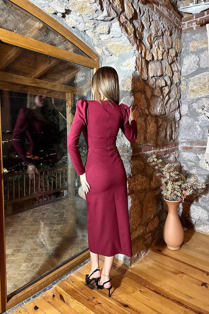 ELS Toptan Bordo Karpuz Kollu Atlas Elbise - Montreuil