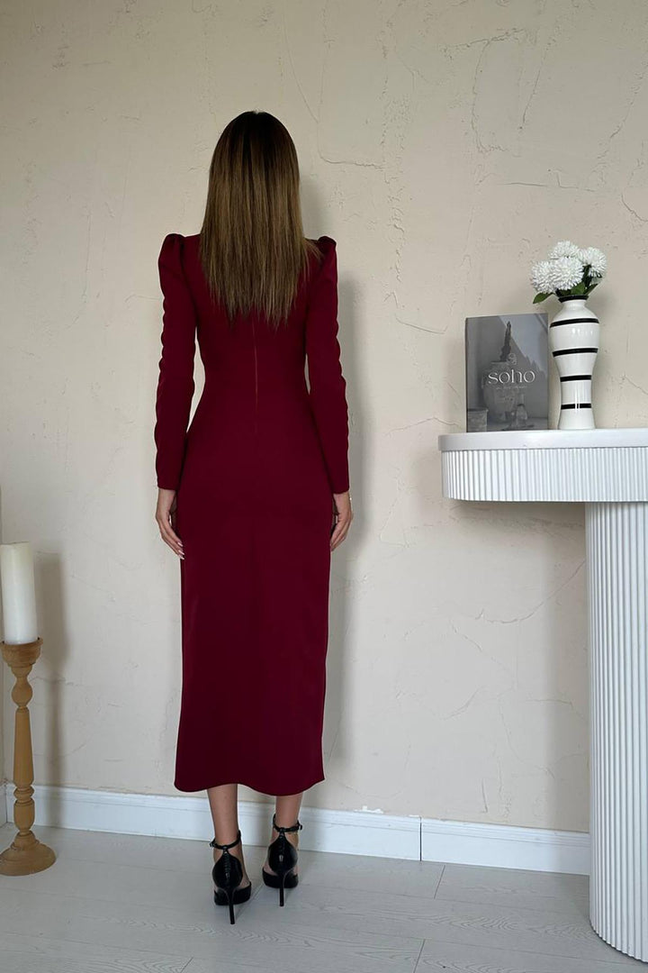 ELS Wholesale Burgundy Watermelon Sleeve Satin Dress - Vittoria