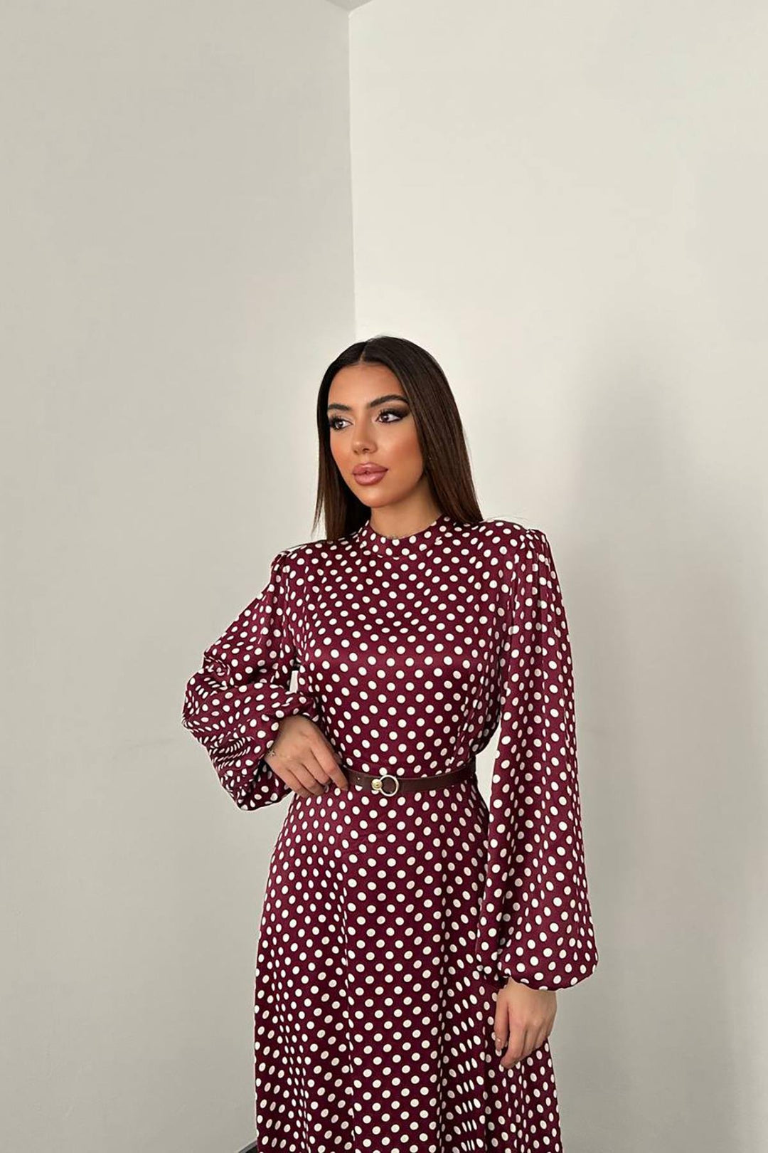 ELS Toptan Bordo Kemer Detaylı Puantiyeli Elbise - Barrow in Furness
