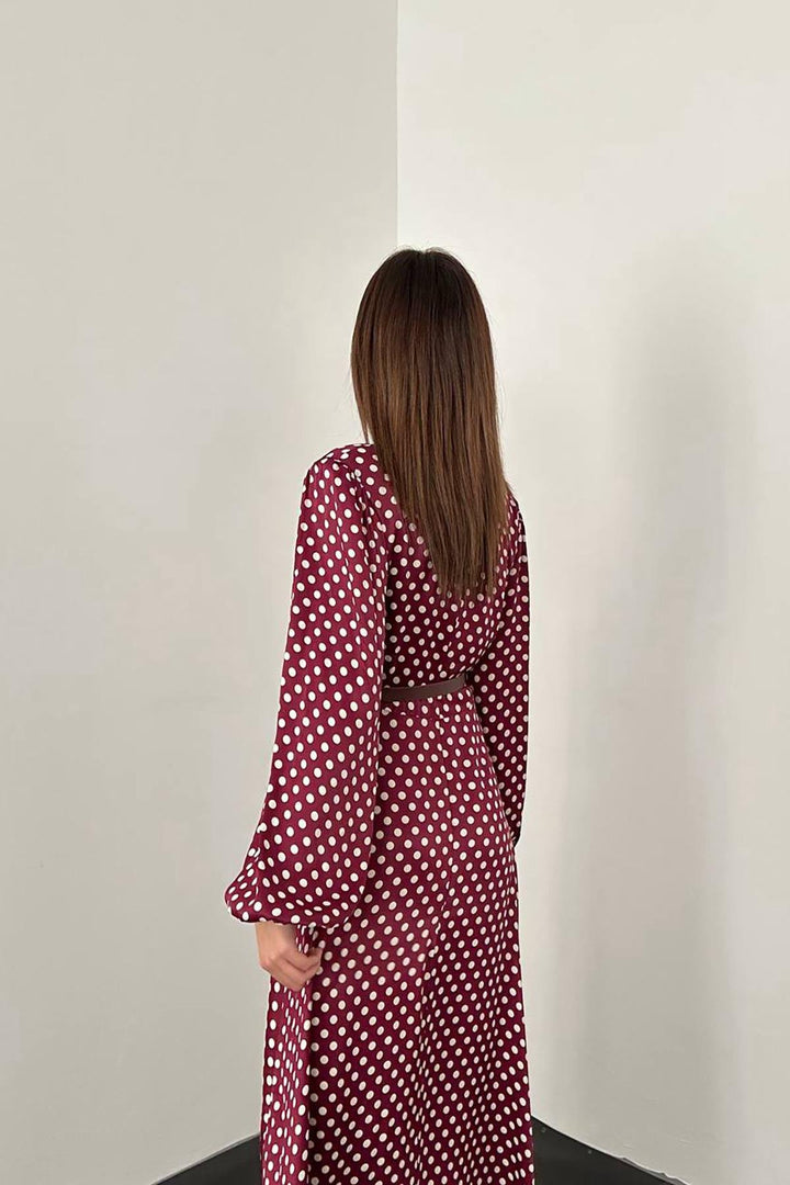 ELS Toptan Bordo Kemer Detaylı Puantiyeli Elbise - Barrow in Furness