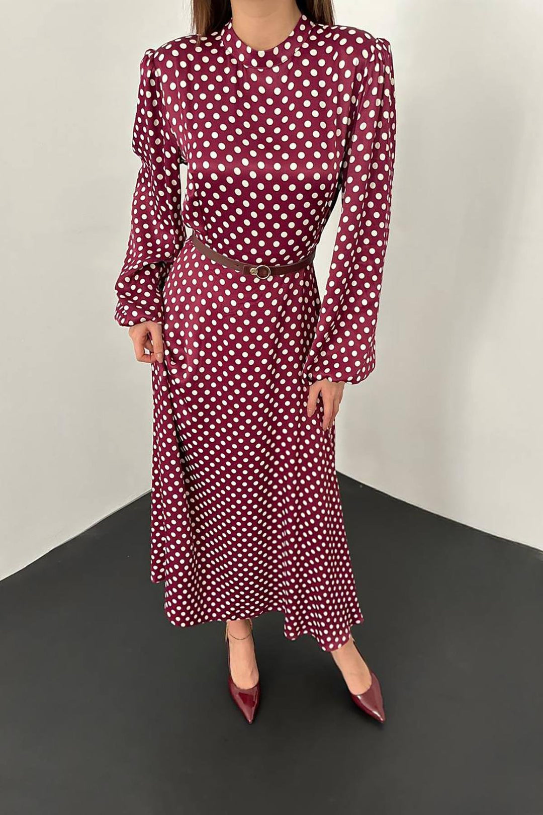 ELS Toptan Bordo Kemer Detaylı Puantiyeli Elbise - Barrow in Furness