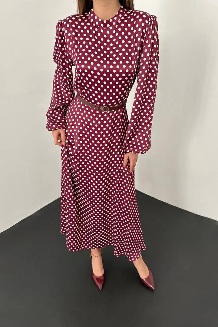 ELS Toptan Bordo Kemer Detaylı Puantiyeli Elbise - Barrow in Furness