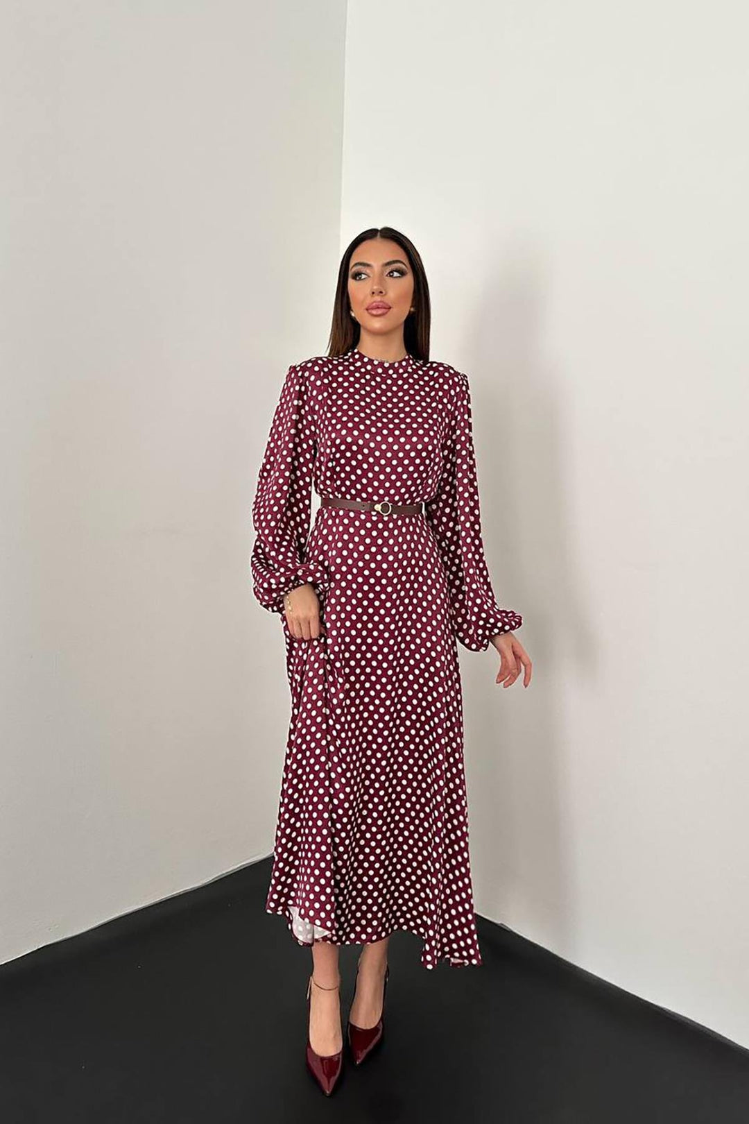 ELS Toptan Bordo Kemer Detaylı Puantiyeli Elbise - Barrow in Furness