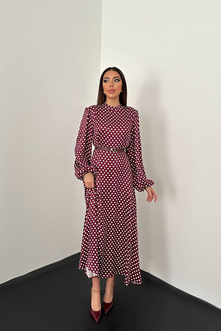 ELS Toptan Bordo Kemer Detaylı Puantiyeli Elbise - Barrow in Furness