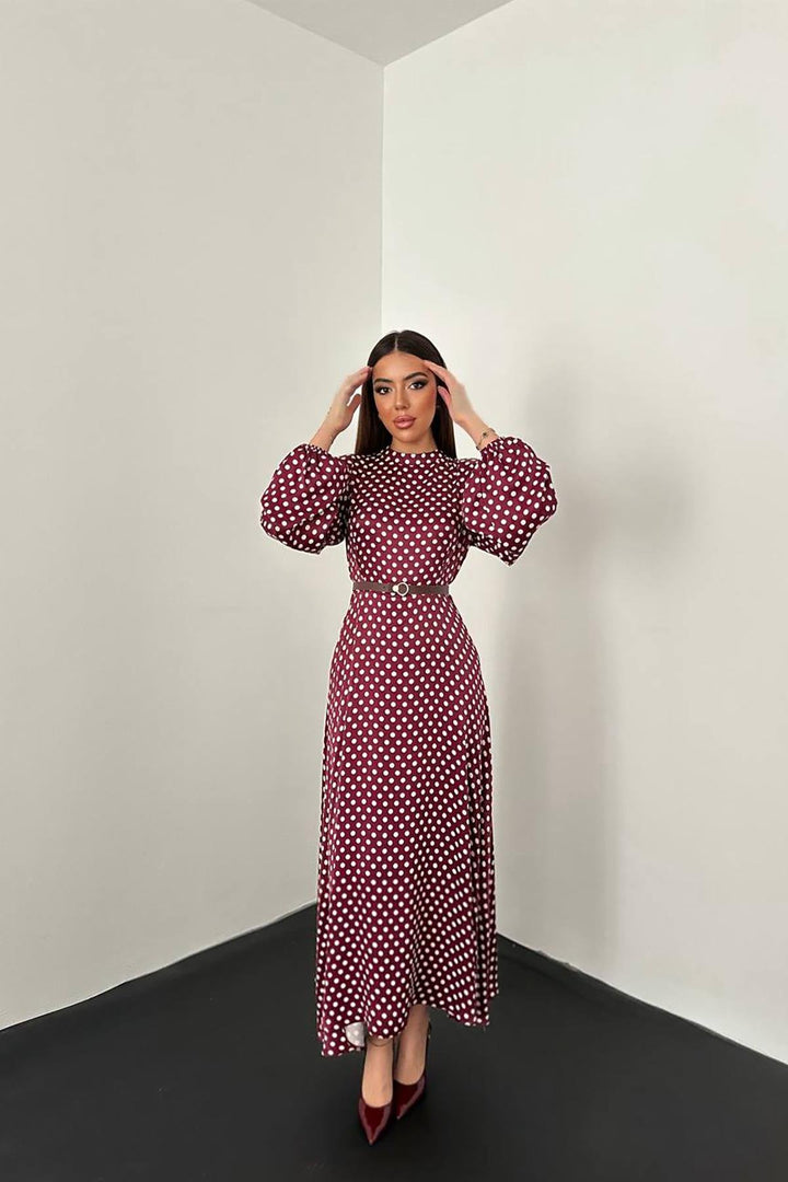 ELS Toptan Bordo Kemer Detaylı Puantiyeli Elbise - Barrow in Furness