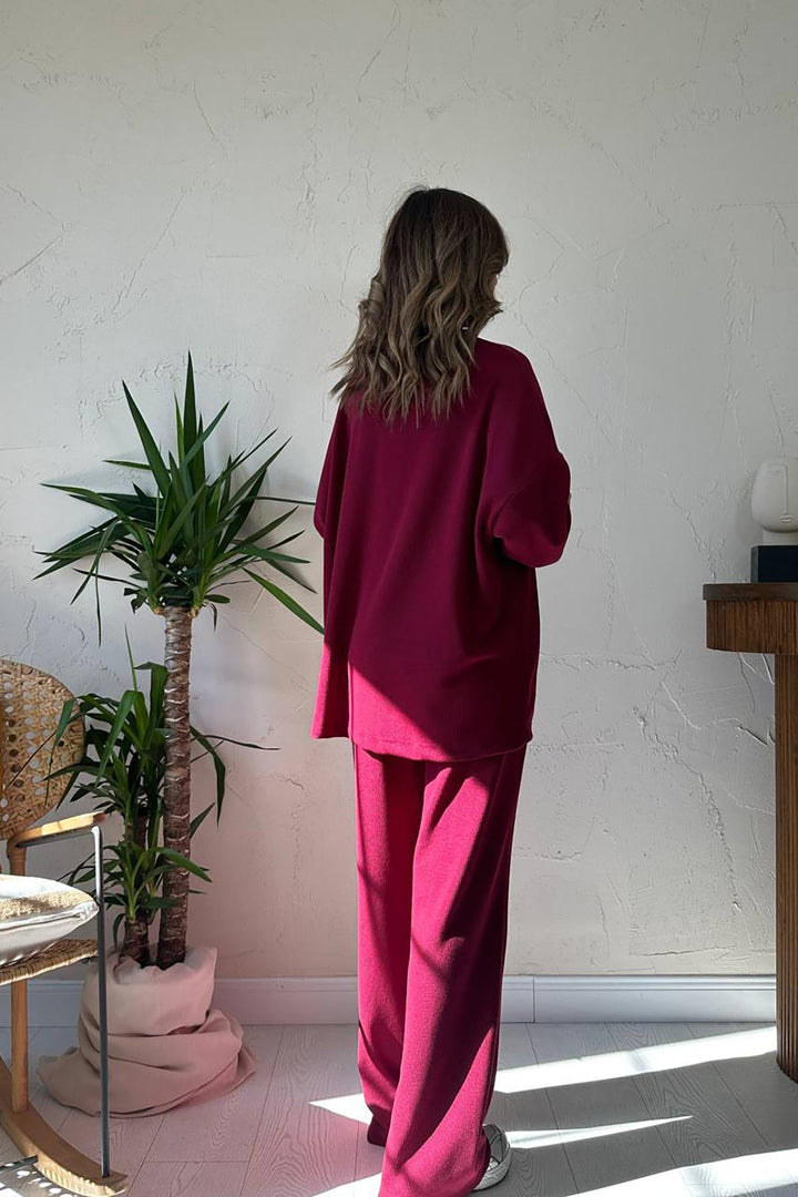 ELS Toptan Bordo Klasik Fitilli Kazak Ve Pantolon Takım - Orem