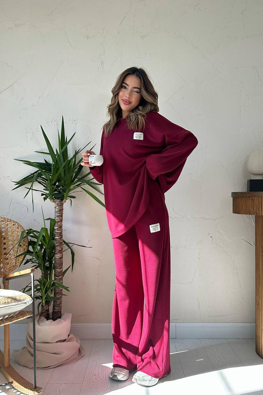 ELS Toptan Bordo Klasik Fitilli Kazak Ve Pantolon Takım - Orem