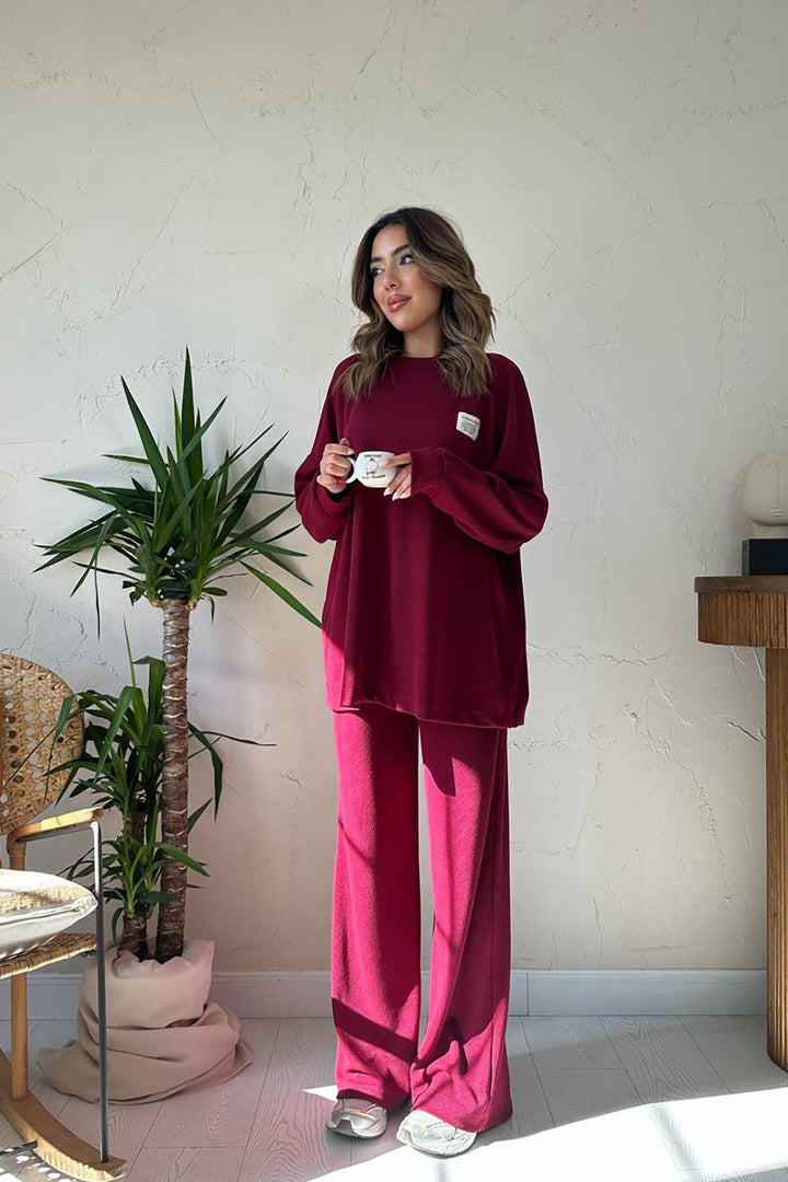 ELS Toptan Bordo Klasik Fitilli Kazak Ve Pantolon Takım - Orem