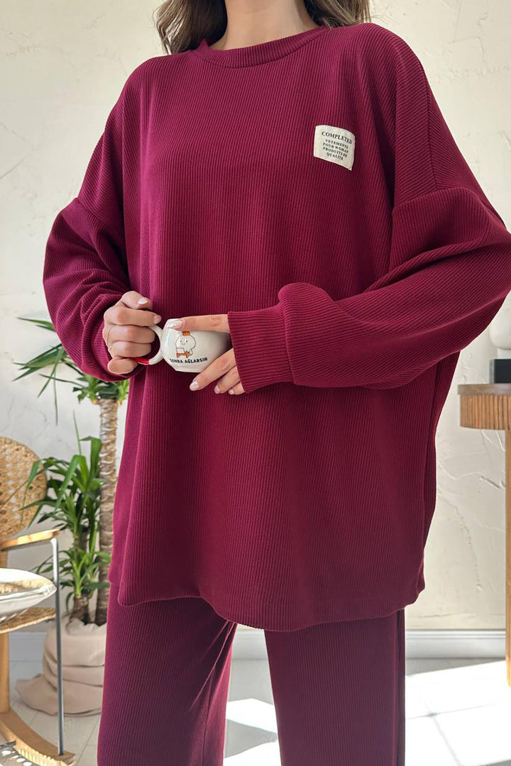 ELS Toptan Bordo Klasik Fitilli Kazak Ve Pantolon Takım - Orem