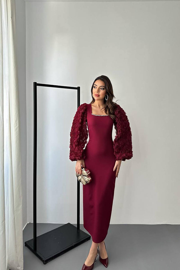 ELS Wholesale Burgundy Collar Flowered Satin Dress - Alcalá de Henares
