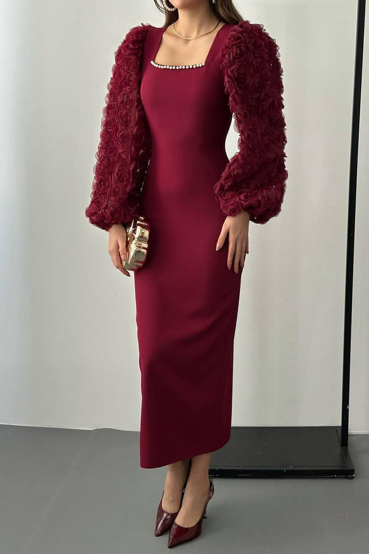 ELS Wholesale Burgundy Collar Flowered Satin Dress - Alcalá de Henares