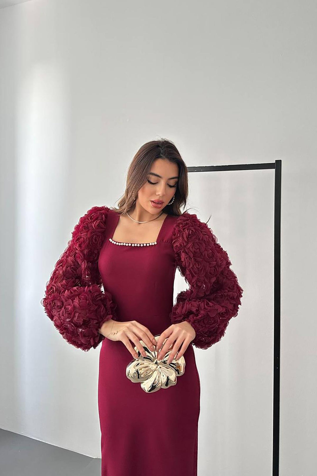 ELS Wholesale Burgundy Collar Flowered Satin Dress - Alcalá de Henares