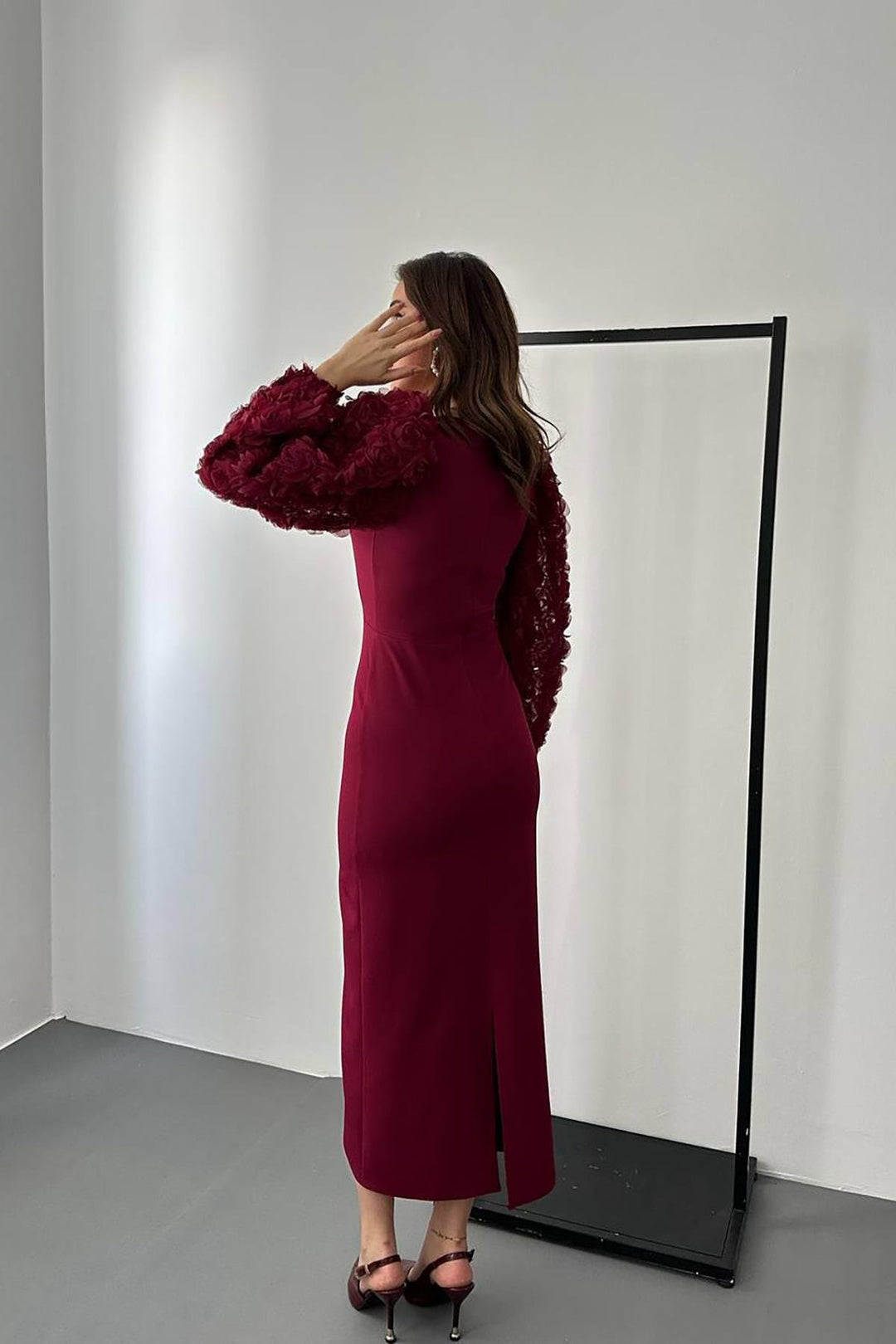 ELS Wholesale Burgundy Collar Flowered Satin Dress - Alcalá de Henares