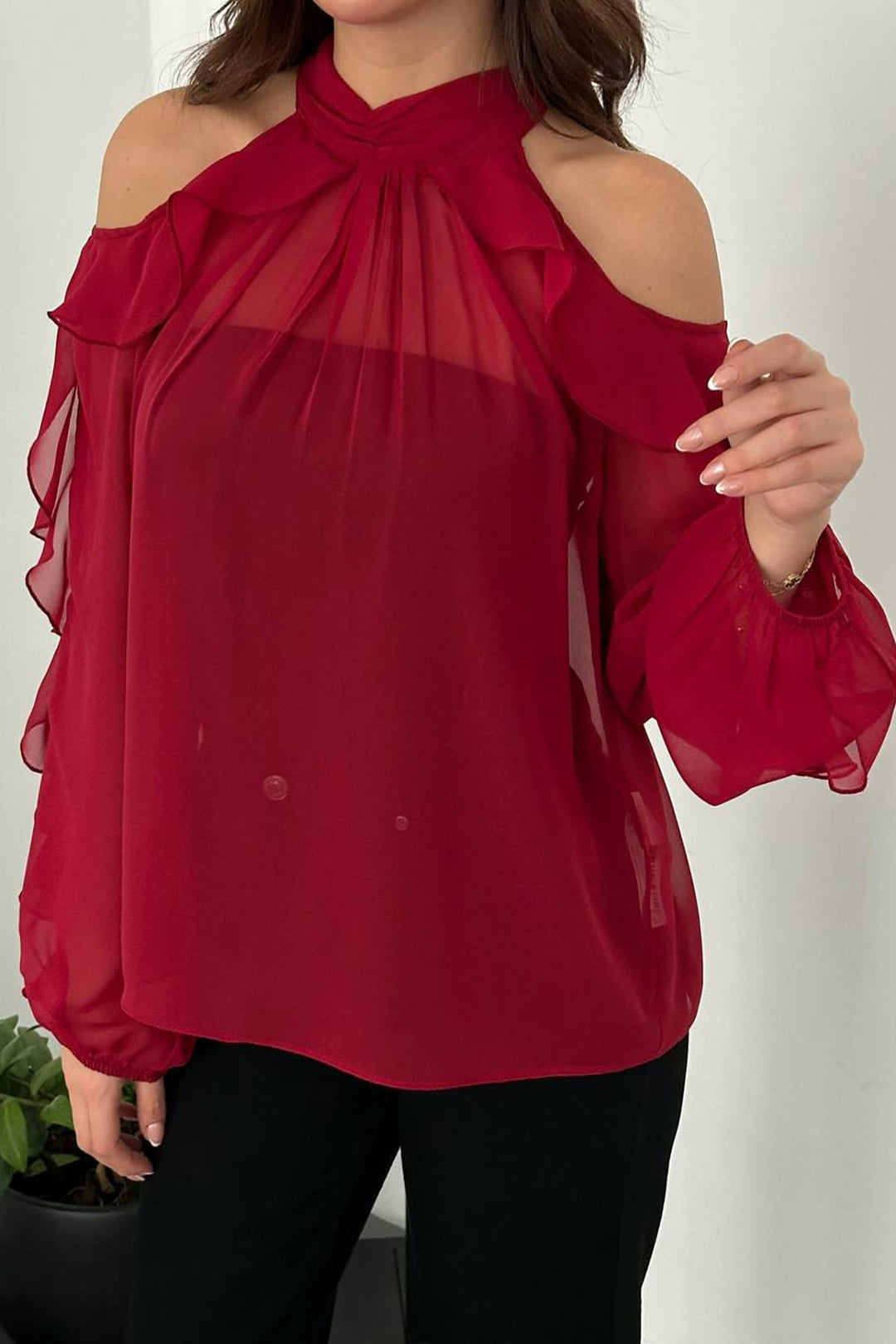 ELS Toptan Bordo Omuzları Açık Bluz - Cologno Monzese