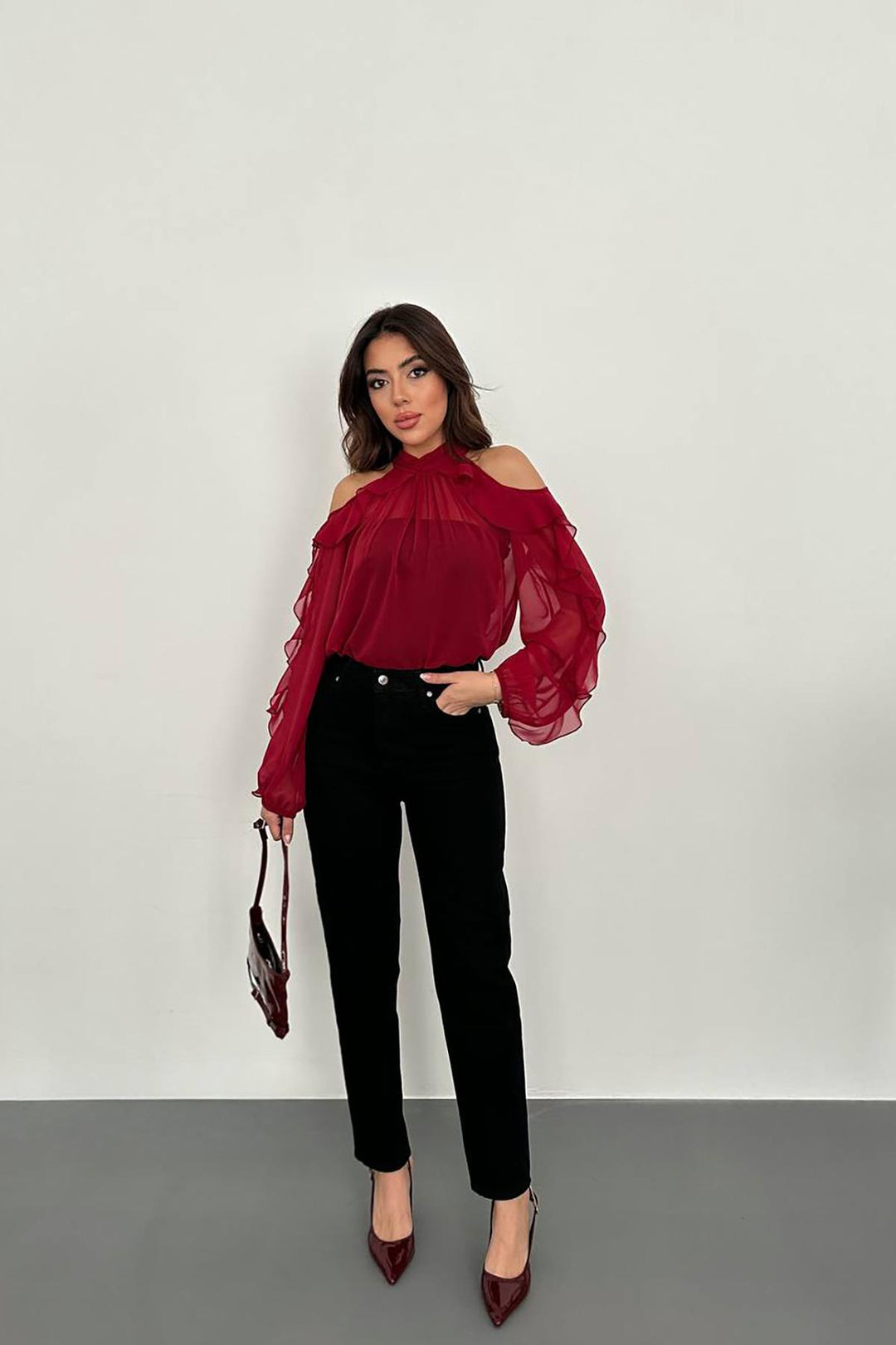 ELS Toptan Bordo Omuzları Açık Bluz - Cologno Monzese