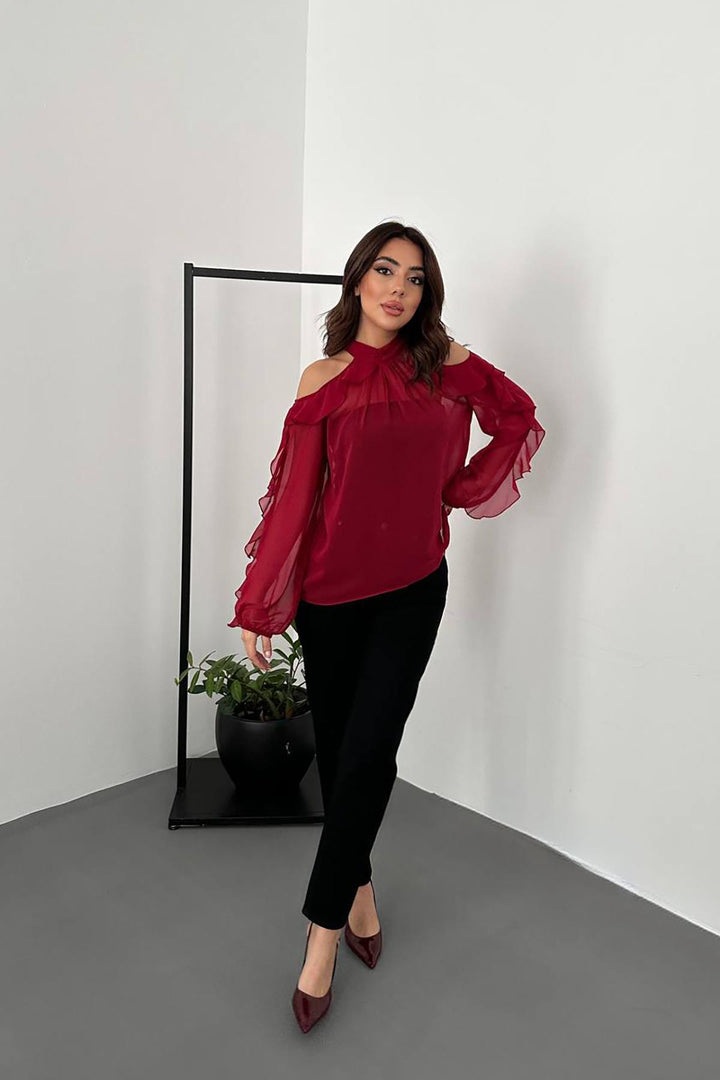 ELS Toptan Bordo Omuzları Açık Bluz - Cologno Monzese