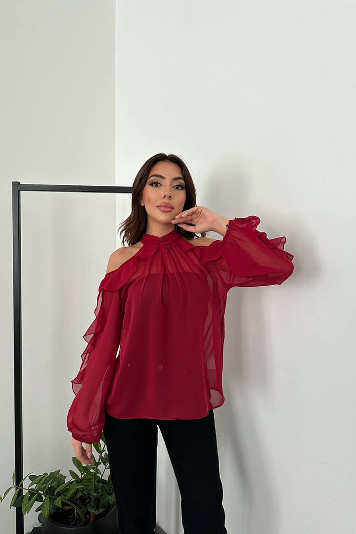 ELS Toptan Bordo Omuzları Açık Bluz - Cologno Monzese