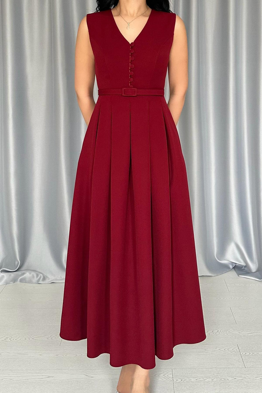 ELS Wholesale Burgundy Front Pleated Dress - Corvallis