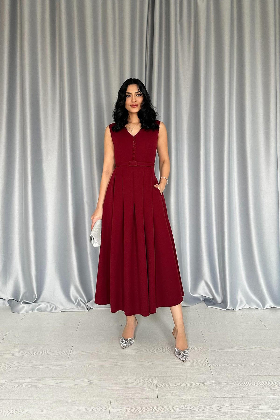 ELS Wholesale Burgundy Front Pleated Dress - Corvallis