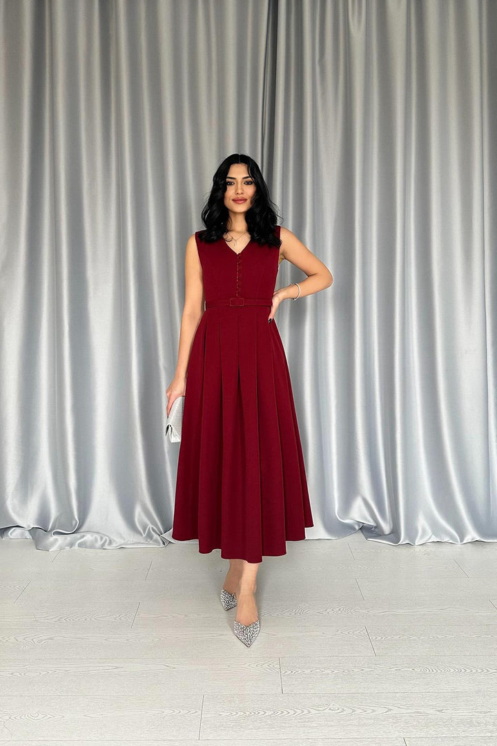 ELS Wholesale Burgundy Front Pleated Dress - Corvallis
