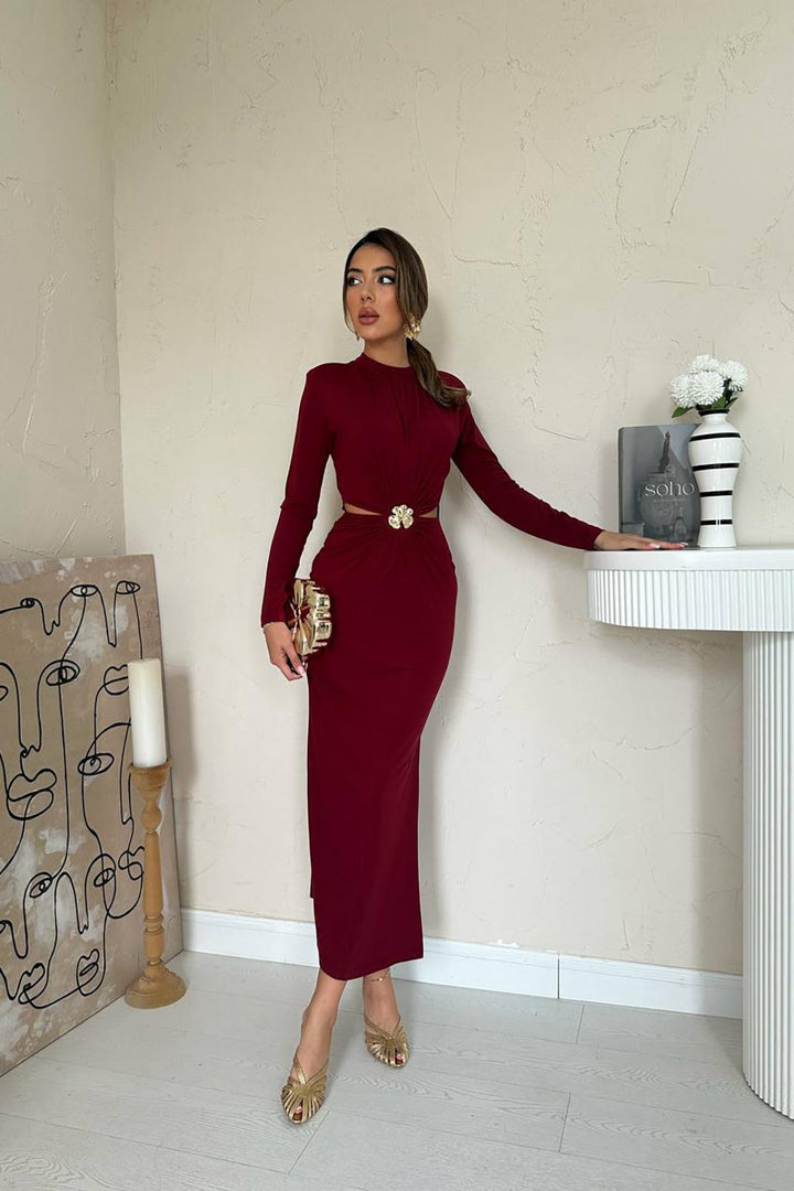 ELS Wholesale Burgundy Window Detailed Ruched Dress - Portsmouth