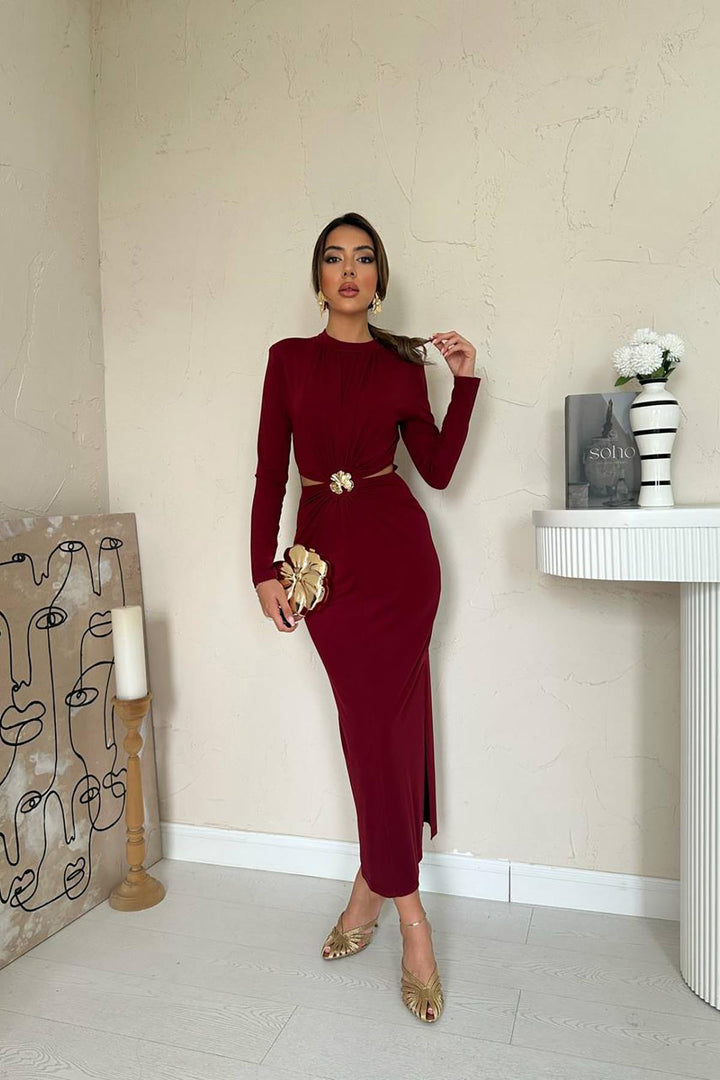 ELS Wholesale Burgundy Window Detailed Ruched Dress - Portsmouth