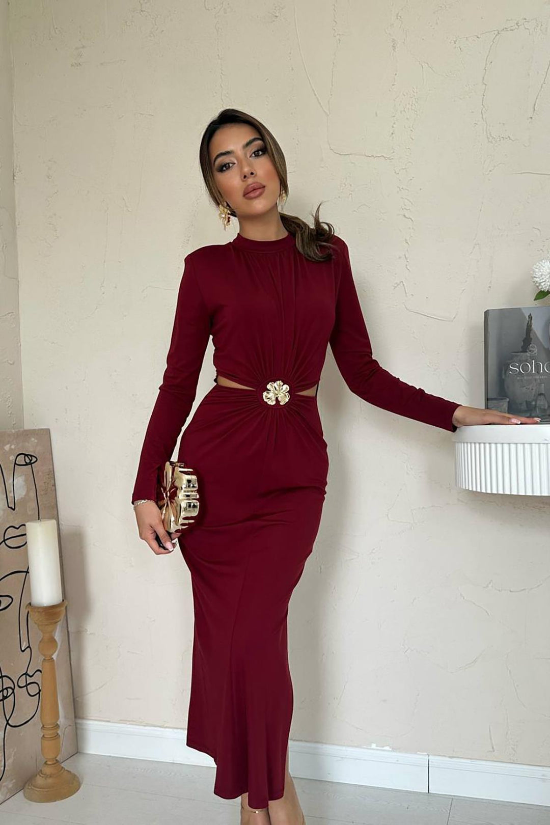 ELS Wholesale Burgundy Window Detailed Ruched Dress - Portsmouth