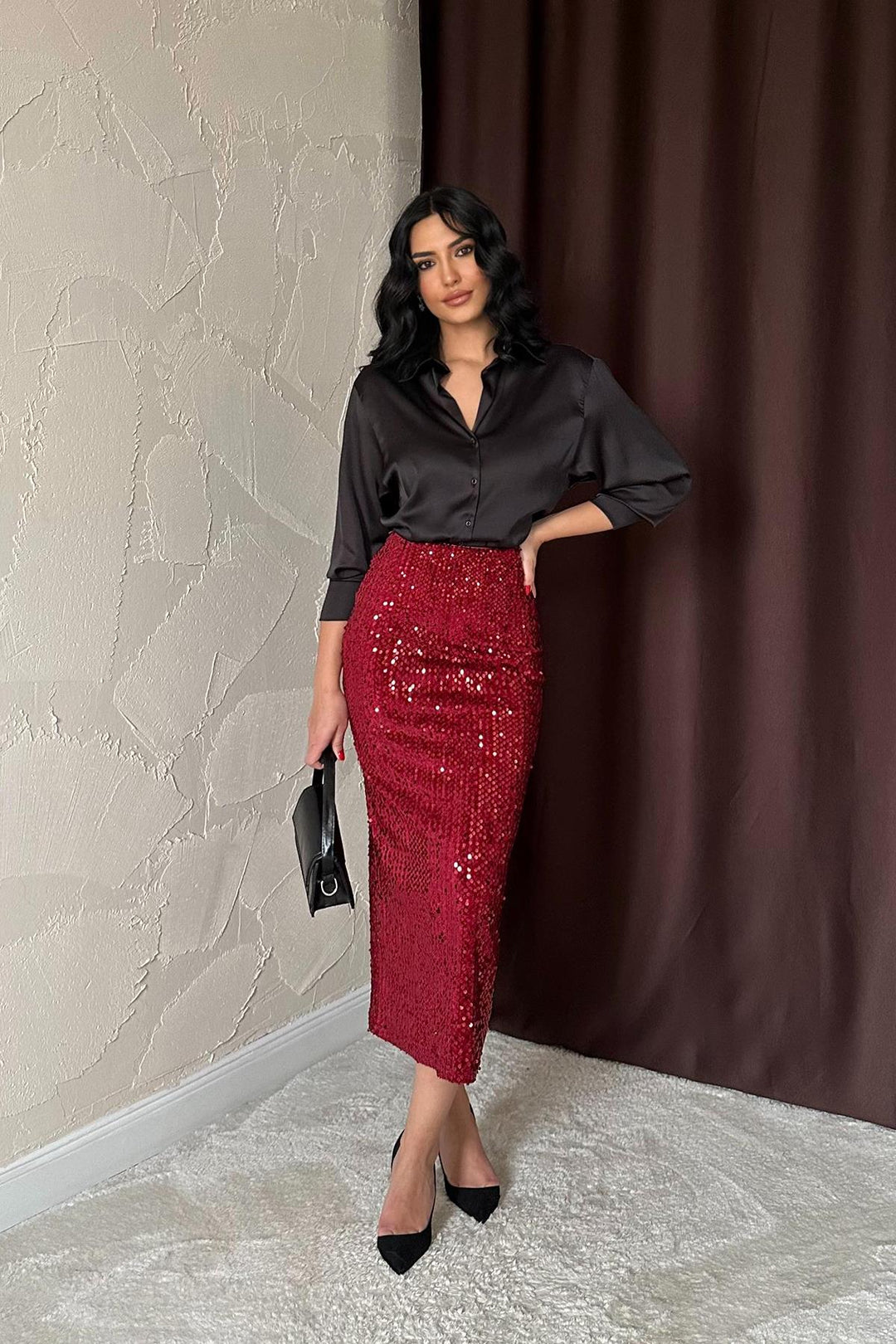 ELS Wholesale Burgundy Sequined Shiny Skirt - Brentwood