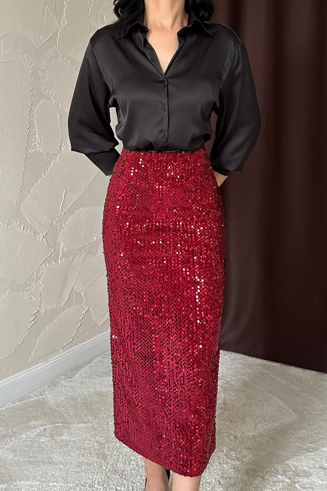 ELS Wholesale Burgundy Sequined Shiny Skirt - Brentwood