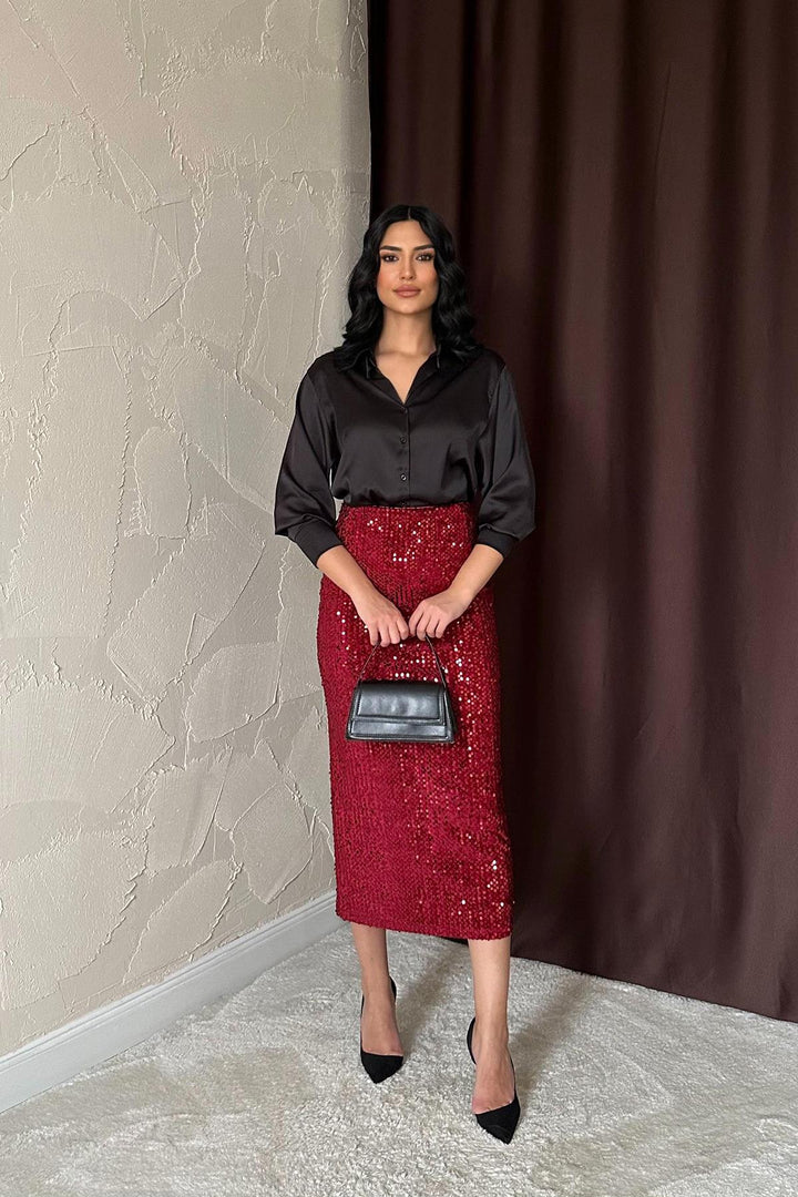 ELS Wholesale Burgundy Sequined Shiny Skirt - Brentwood
