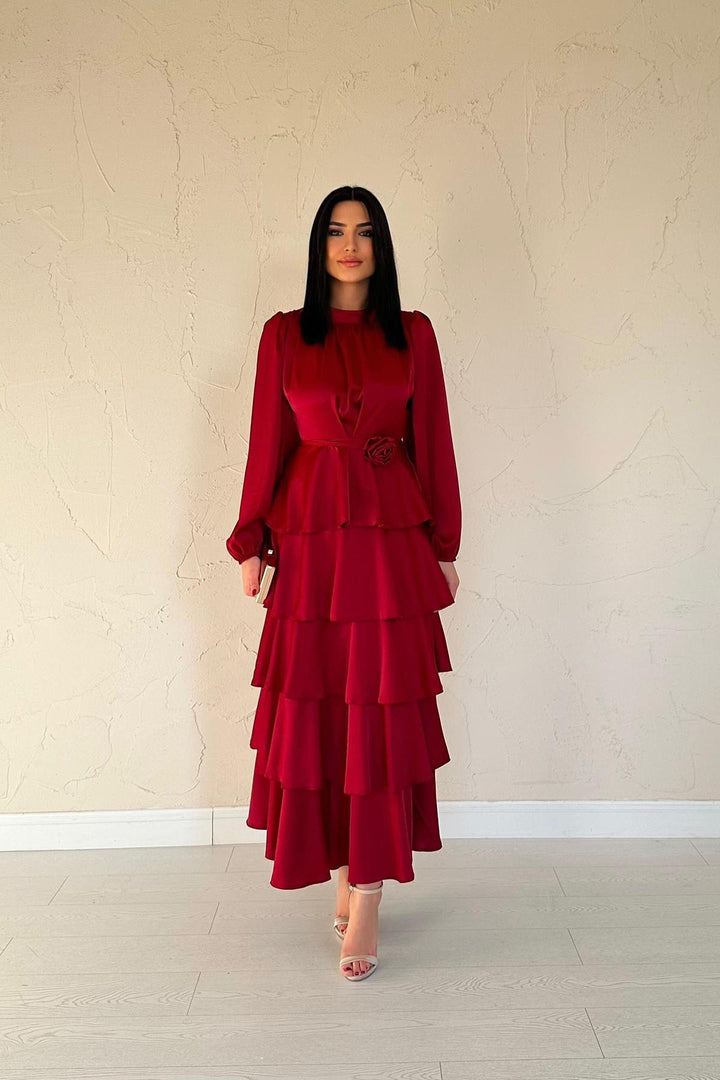 ELS Wholesale Burgundy Satin Ruffled Tiered Dress - Omaha