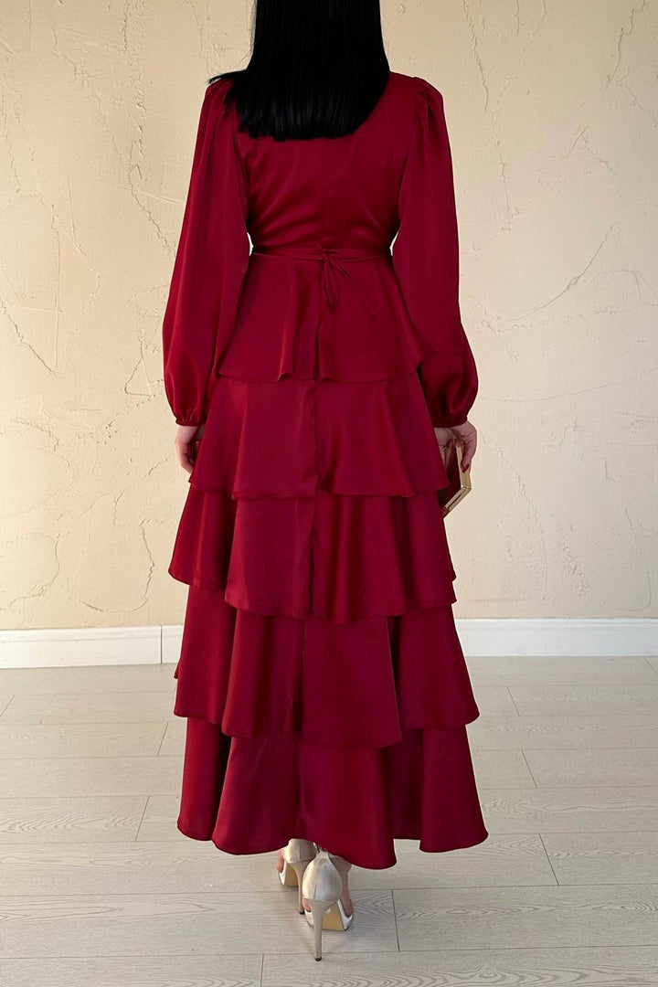 ELS Wholesale Burgundy Satin Ruffled Tiered Dress - Omaha