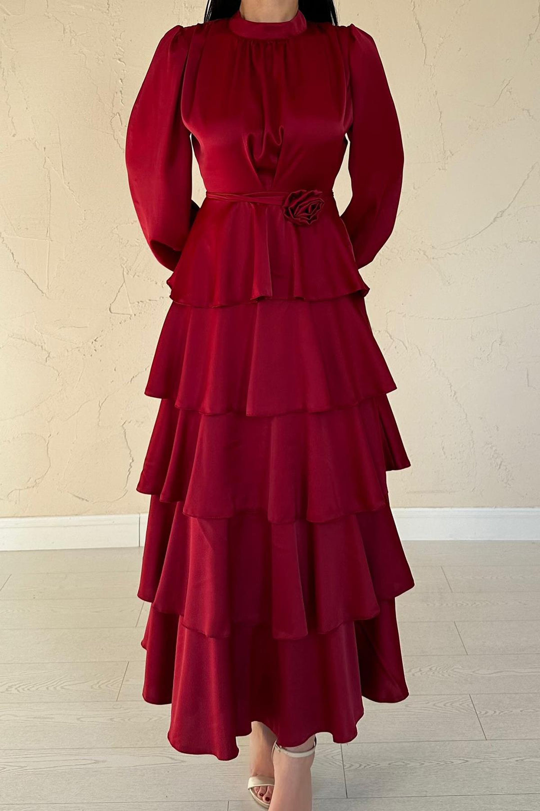 ELS Wholesale Burgundy Satin Ruffled Tiered Dress - Omaha